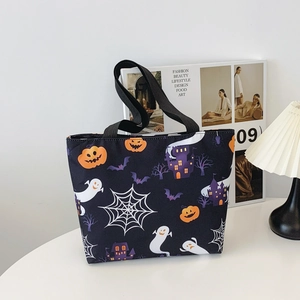 Halloween tote bag with pumpkin, ghost and castle patterns on high-quality black canvas