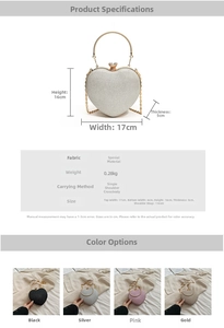 Size chart and details of heart-shaped glitter evening bag with round metal handle