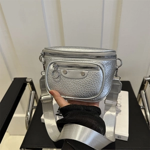 Silver metallic mini motorcycle crossbody bag with crinkled texture and wide strap