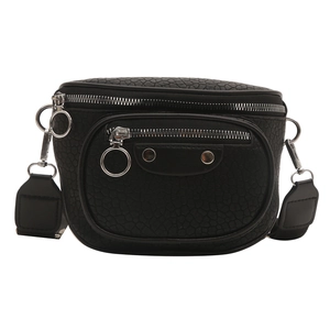 Minimalist black lychee texture crossbody bag with wide strap and silver hardware accents