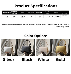 Size chart for small crocodile pattern handbag with detailed dimensions and colors