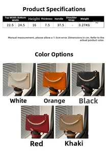 Size chart and color display of PU square bag with elegant pearl handle and metal strap