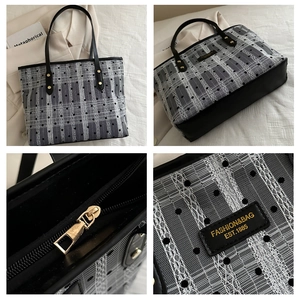 Detailed views of checkered tote bag with leather handles and metallic zipper hardware