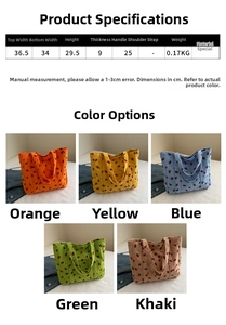 Detailed size chart and dimensions for the strawberry print corduroy tote bag collection