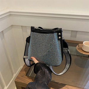 Sparkling rhinestone bucket bag with trendy wide striped strap for women