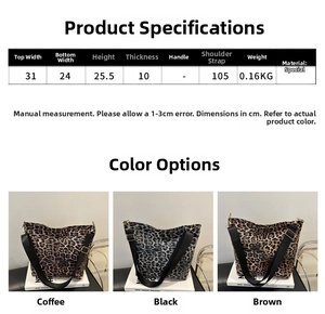 Size chart showing leopard print canvas bucket bag dimensions and three color options