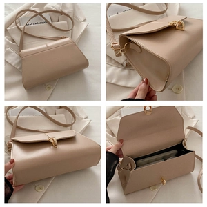 Detailed views of beige minimalist crossbody bag with gold twist lock and interior storage