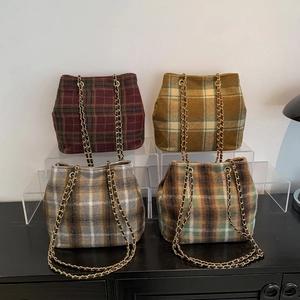 Vintage Plaid Woolen Bucket Bag Retro Tweed Shoulder Handbag With Metal Chain Strap Autumn Winter Casual Fashion