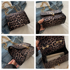 Detailed views of leopard print crossbody bag with gold chain and U-shaped buckle