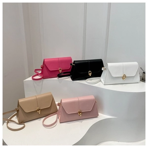 Minimalist flap crossbody bags in five colors with golden ring buckle on white pedestals