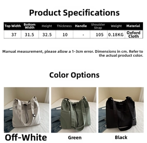 Size chart for oxford tote bag showing dimensions weight and shoulder strap details