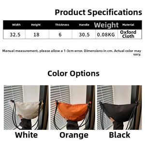 Detailed size specifications for a minimalist Oxford cloth crescent bag in three colors