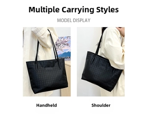 Black tote bag showing two ways to wear: handheld and over the shoulder style