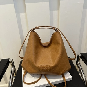 Brown PU leather pleated tote bag with large capacity and soft vintage texture for women