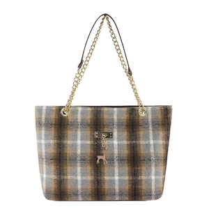 Retro grey plaid tote bag with golden chain strap and deer pendant for autumn fashion