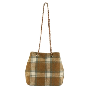 Brown plaid wool tote bag with metal chain strap for women in minimalist autumn style