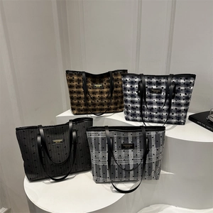 Women Large Capacity Tote Bag Plaid Heart Print Bow Decor Canvas Fabric Commuter Shoulder Handbag