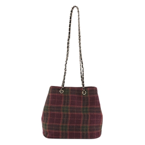Vintage red and green plaid chain shoulder bag in woolen fabric for women's autumn style