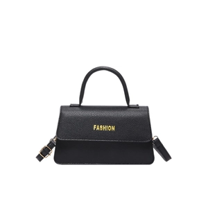 Elegant black lychee grain handbag with golden fashion lettering and top handle