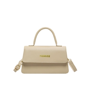 Retro beige leather crossbody bag with top handle and gold 'FASHION' lettering detail