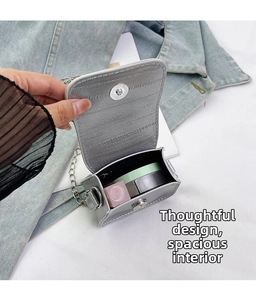 Detailed view of silver mini crossbody bag with metal chain strap and magnetic closure