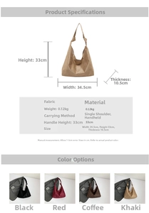 Diagramme technique montrant les dimensions du grand sac cabas et quatre options de couleurs