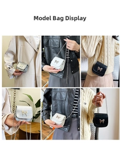 Detailed views of mini chain crossbody bag with butterfly buckle on different outfits