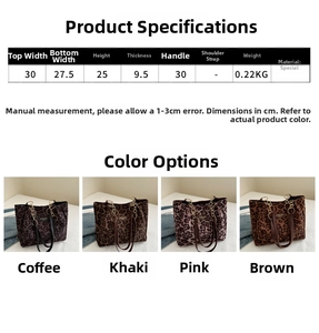 Detailed size chart and multi-color options for leopard print chain tote bags