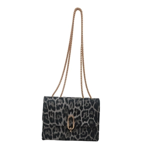 Retro leopard print crossbody bag with gold chain strap and decorative oval buckle
