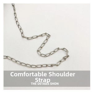 Close-up of sleek silver metal chain strap with polished oval links for shoulder bag