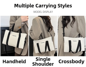 Contrast canvas tote bag showing three ways to wear: handbag, shoulder bag, and crossbody bag
