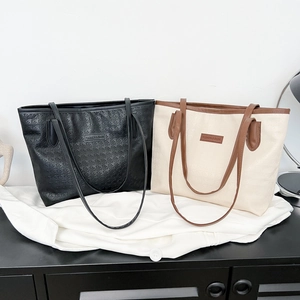 Women Tote Bag PU Leather Houndstooth Embossed Large Capacity Shoulder Handbag Contrast Color Fashion Commute