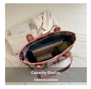 Pink plaid tote bag with spacious interior for tablet books and daily essentials