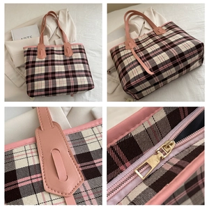 Detailed views of pink plaid tote bag showing stitching, base, handle and golden zipper