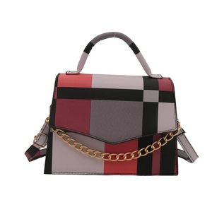 Minimalist colorblock plaid square bag with gold chain strap and top handle design