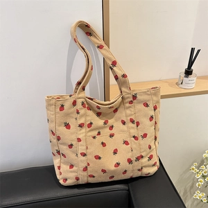 Women Corduroy Tote Bag Strawberry Print Large Capacity Shoulder Bag Casual Shopping Handbag Zipper Front Pocket