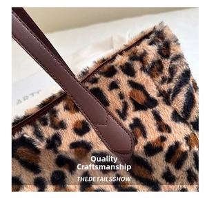 Close-up of leopard print faux fur tote bag showing plush texture and leather handle