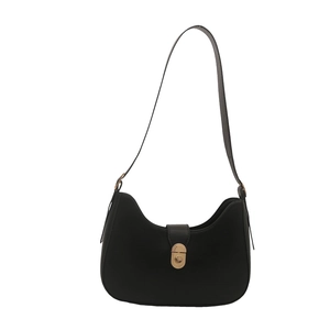 Minimalist black crescent shoulder bag with matte finish and gold twist-lock closure