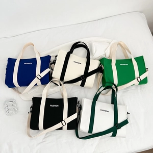 Fashion Letter Print Canvas Tote Bag For Women Contrast Color Casual Handbag With Detachable Adjustable Shoulder Strap