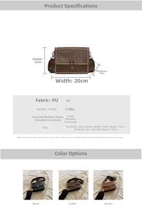 Detailed size chart and specifications for vintage textured PU leather crossbody square bag