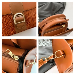 Detailed views of caramel brown tote with croc-embossed texture and golden D-buckle