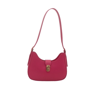 Minimalist rose red half-moon underarm bag with gold metal buckle on white background