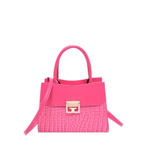 Fuchsia crocodile embossed leather handbag with gold geometric buckle and strap