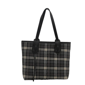 Classic plaid tote bag for women featuring grey tartan pattern and black shoulder straps