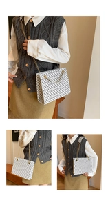 Multi-angle view of a white diamond lattice tote bag with golden chain straps
