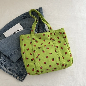 Green corduroy tote bag with strawberry print and large capacity shoulder straps