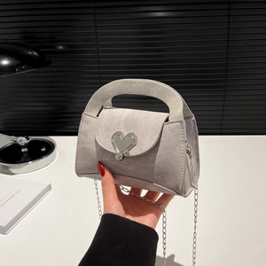 Gray heart-buckle crossbody bag with metallic chain strap for modern women's fashion