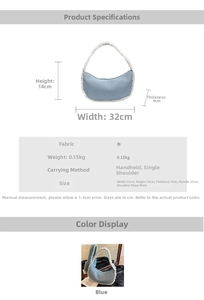 Size guide for blue denim shoulder bag with white faux fur trim and dimensions
