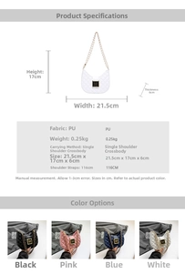 Size chart showing dimensions and colors of the quilted PU leather chain crossbody bag