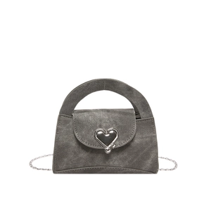 Grey denim texture handbag featuring a silver heart buckle and metal chain strap